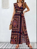 MDB Kadın Kısa Kollu V Yakalı Deseni Yırtmaçlı Süprem Elbise thumbnail 6