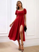 MDB Kadın Kısa Kollu Kare Yakalı Yırtmaçlı Midi Janjan Krep Elbise thumbnail 4