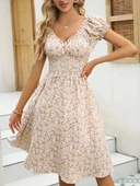 MDB Kadın Kısa Kollu Kruvaze Yaka Lastikli Belden Gipeli çiçek Desenli Suprem Elbise thumbnail 7