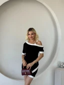 MDB Kadın Kısa Kollu Asimetrik Kesim Yaka şerit Ve Aksesuar Detaylı odal Elbise thumbnail 1