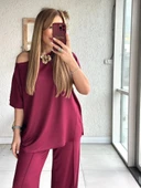 MDB Kadın Tek Omuzdan Açık Geniş Kesim Viskon Iki Iplik Bluz Ve Pantolon Ikili Takım thumbnail 2