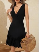 MDB Kadın Askılı Kruvaze Yakalı Fırfırlı Janjan Krep Elbise thumbnail 1