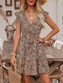 MDB Kadın Kısa Fırfır Kollu V Yakalı Belden Kuşaklı Desenli Süprem Elbise thumbnail 6