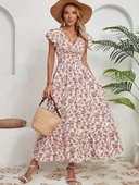 MDB Kadın Kısa Kollu Kruvaze Yaka Beli Lastikli çiçek Desenli Elbise thumbnail 3