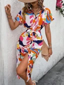 MDB Kadın Kısa Kollu Yakalı önü Düğmeli önden Drapeli Desenli Süprem Elbise thumbnail 2