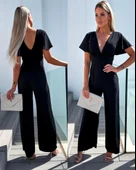 MDB Kadın Kısa Kollu Kruvaze Yaka ırt Dekolteli Pegasus Kumaş Tulum thumbnail 1