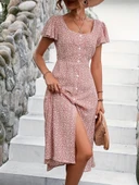 MDB Kadın Kısa Kollu önü Düğmeli Volanlı Minik Leopar Desen Midi Viskon Elbise thumbnail 5