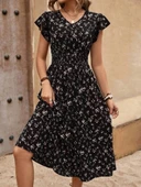 MDB Kadın Kısa Kollu V Yakalı Beli Lastikli çiçek Desenli Süprem Elbise thumbnail 1