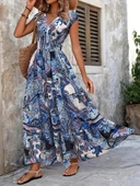 MDB Kadın Kısa Yarasa Kanat Kollu V Yakalı Beli Büzgülü Süprem Elbise thumbnail 1