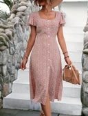 MDB Kadın Kısa Kollu önü Düğmeli Volanlı Minik Leopar Desen Midi Viskon Elbise thumbnail 2