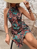 MDB Kadın Omuzlardan Açık Yarı Balıkçı Yaka Yandan çapraz Bağlama Detaylı Süprem Kısa Elbise thumbnail 3