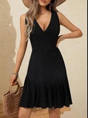 MDB Kadın Askılı Kruvaze Yakalı Fırfırlı Janjan Krep Elbise thumbnail 4