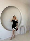 MDB Kadın Kısa Kollu Asimetrik Kesim Yaka şerit Ve Aksesuar Detaylı odal Elbise thumbnail 2