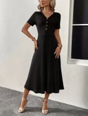 MDB Kadın Kısa Kollu V Yakalı önden Düğmeli Yırtmaçlı Midi Viskon Elbise thumbnail 5