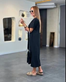 MDB Kadın Kısa Kollu V Yakalı Cep Detaylı Uzun Viskon Iki Iplik Elbise thumbnail 4