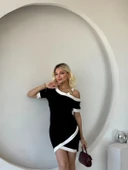 MDB Kadın Kısa Kollu Asimetrik Kesim Yaka şerit Ve Aksesuar Detaylı odal Elbise thumbnail 6