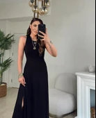 MDB Kadın Arkadan çapraz Detay Yuvarlak Yaka Maksi Viskon Elbise thumbnail 8