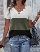 MDB Kadın Kısa Kollu V Yakalı Düğmeli Waffle Bluz thumbnail 1