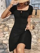 MDB Kadın Kısa Kollu Kare Yakalı Bağcıklı Kaşkorse Elbise thumbnail 4