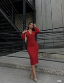 MDB Kadın Kruvaze Yaka Balon Kol imli Krep Kumaş idi Boy Elbise thumbnail 3