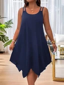 MDB Kadın Askılı Yuvarlak Asimetrik Kesim Detaylı Viskon Elbise thumbnail 3