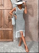 MDB Kadın Kolsuz V Yaka Eteği Püsküllü çizgi Desen Triko Elbise thumbnail 3