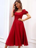 MDB Kadın Kısa Kollu Kare Yakalı Yırtmaçlı Midi Janjan Krep Elbise thumbnail 5