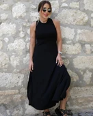 MDB Kadın Arkadan çapraz Detay Yuvarlak Yaka Maksi Viskon Elbise thumbnail 3