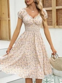 MDB Kadın Kısa Kollu Kruvaze Yaka Lastikli Belden Gipeli çiçek Desenli Suprem Elbise thumbnail 1