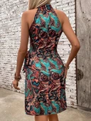 MDB Kadın Omuzlardan Açık Yarı Balıkçı Yaka Yandan çapraz Bağlama Detaylı Süprem Kısa Elbise thumbnail 2