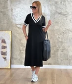 MDB Kadın Kısa Kollu V Yaka Kol Ve Yaka Ribana Detay Midi Boy Viskon Elbise thumbnail 5