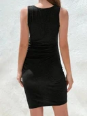 MDB Kadın Askılı Bisiklet Yaka Yandan Büzgülü önden çapraz Detay Viskon Kısa Elbise thumbnail 2