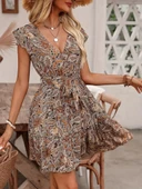 MDB Kadın Kısa Fırfır Kollu V Yakalı Belden Kuşaklı Desenli Süprem Elbise thumbnail 1