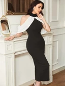 MDB Kadın Daire Yakalı Omuzlardan Kollara Yayılan Kanat Detaylı çift Renkli Uzun Ithal Krep Elbise thumbnail 4