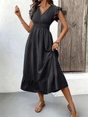 MDB Kadın Kısa Kelebek Kollu Kruvaze Yakalı Beli Lastikli Aerobin Elbise thumbnail 2