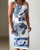 MDB Kadın Sıfır Kollu Yuvarlak Yaka çiçekli Desenli Süprem Crop Ve Yırtmaçlı Etek Ikili Takım thumbnail 1