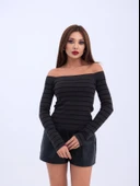 MDB 4206 TRİKO ÇİZGİLİ KAYIK YAKA CROPANTRASİTSİYAH thumbnail 3