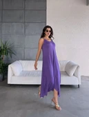 MDB Kadın çan Dokuma Kumaş V Yaka Asimetrik Kesim Elbise thumbnail 5