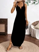 MDB Kadın Askılı Yuvarlak Yaka Asimetrik Detaylı Viskon Elbise thumbnail 6