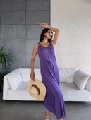 MDB Kadın çan Dokuma Kumaş V Yaka Asimetrik Kesim Elbise thumbnail 4