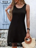 MDB Kadın Askılı Yuvarlak Yaka Püsküllü Midi Viskon Elbise thumbnail 4