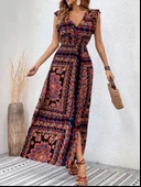 MDB Kadın Kısa Kollu V Yakalı Deseni Yırtmaçlı Süprem Elbise thumbnail 2