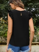 MDB Kadın Yuvarlak Yaka Kolları Fırfırlı Krep Bluz thumbnail 3