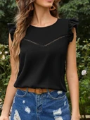 MDB Kadın Yuvarlak Yaka Kolları Fırfırlı Krep Bluz thumbnail 1