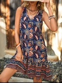 MDB Kadın Askılı V Yakalı Fırfırlı Desenli Süprem Kısa Elbise thumbnail 1