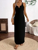 MDB Kadın Askılı Yuvarlak Yaka Asimetrik Detaylı Viskon Elbise thumbnail 5