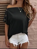 MDB Kadın Tek Omuzu Açık Düğme Detaylı Salaş Viskon Bluz thumbnail 1