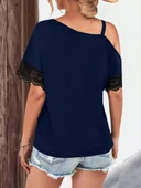 MDB Kadın Tek Omuzu Askılı Kısa Kollu Toka Detaylı Dantelli Viskon Bluz thumbnail 6