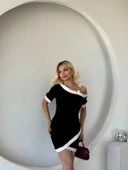 MDB Kadın Kısa Kollu Asimetrik Kesim Yaka şerit Ve Aksesuar Detaylı odal Elbise thumbnail 7