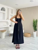 MDB Kadın Askılı Kare Yaka önden Fermuarlı Geniş Kesim Janjan Krep Elbise thumbnail 1